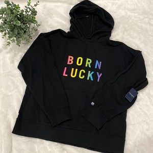 Lucky Brand “Born Lucky” Black Hoodie Sweatshirt.  L  NWT